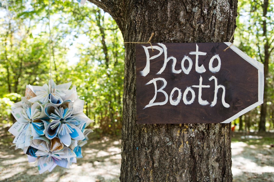 Photo booth sign at outdoor wedding